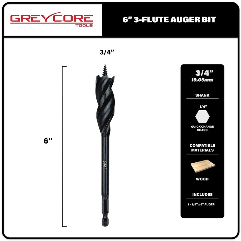 Greycore Tools 3/4 Inch x 6 Inch 3-Flute Auger Bit, Wood Drill Bit for Hard and Soft Wood, 1/4    Quick Change Shank, Woodworking Auger Bits (3/4    x 6    Auger) - Image 2
